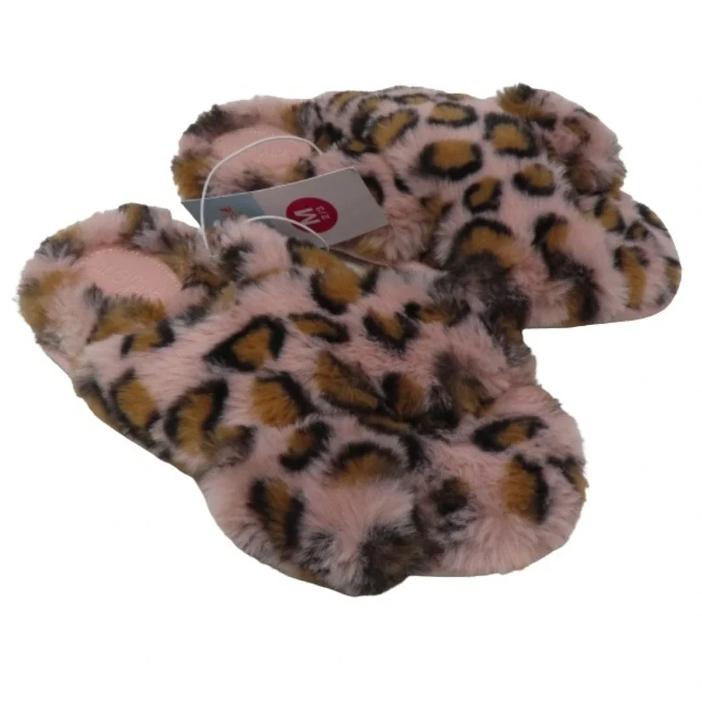 Cat & Jack‎ Girls Pink Leopard Faux Fur Criss Cross Slippers Medium 2/3 Brooklyn